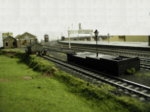 Southbound view with south signalbox and locomotive shed in distance